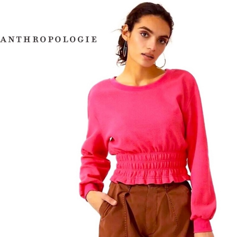 Anthropologie Maeve Smocked Cropped Boatneck Pullover Sweatshirt Pink Rose